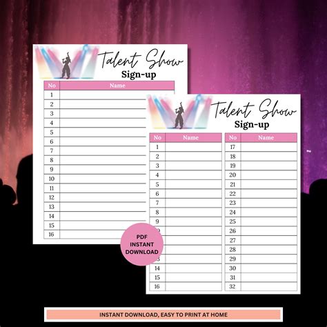 Talent Show Sign Up Sheet Talent Show Sheet Printable Etsy