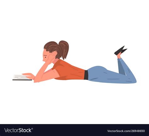 Girl Lying On Floor On Her Stomach And Reading Vector Image