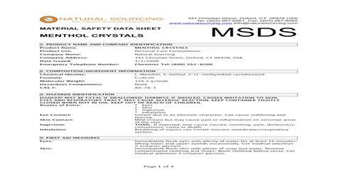 Msds Menthol Crystals Natural Sourcing Llc€ · Menthol Crystals