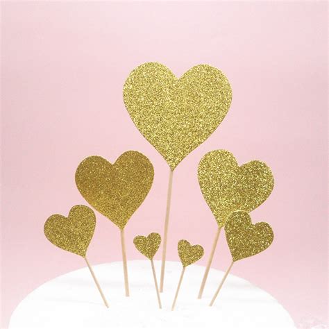 7pcs Glitter Heart Cake Topper Cupcake Toppers Wooden Cake Decorating