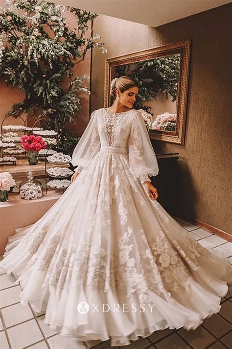 Romantic Floral Lace And Tulle Long Sleeve Wedding Dress Xdressy