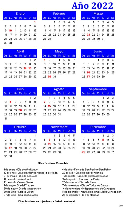 Calendario Colombia 2022 Con Días Festivos Calendario Pro