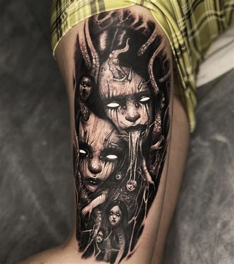 A Mans Leg With A Tattoo On It That Has An Image Of People And Monsters