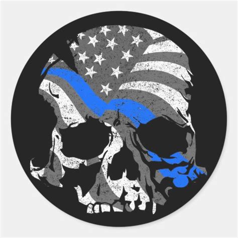 American Skull Thin Blue Line Classic Round Sticker