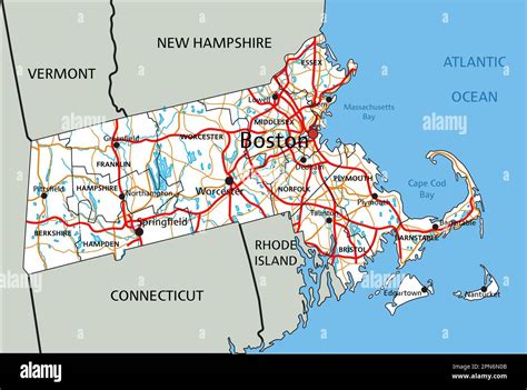 High Detailed Massachusetts Road Map With Labeling Stock Vector Image