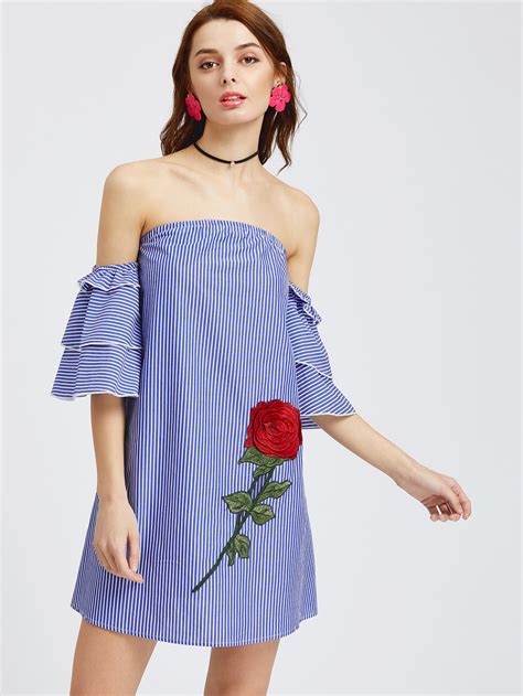 Blue Striped Ruffle Sleeve Off The Shoulder Dress Sheinsheinside