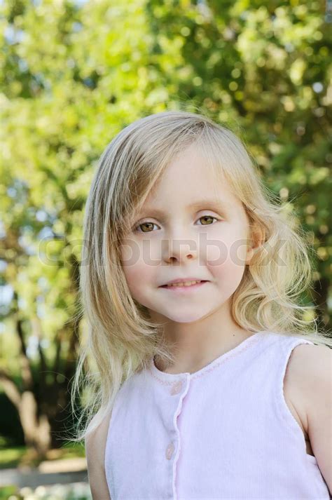 Five Years Old Long Hair Girl Posing Outdoors Stock Image Colourbox