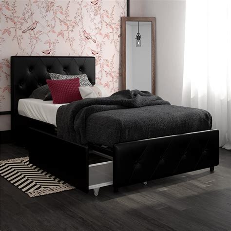 Dhp Dakota Twin Upholstered Bed With Storage Drawers In Black Faux Leather