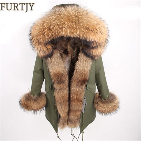 Real Fox Fur Coat Winter Jacket Women Long Parka Natural Raccoon Fur