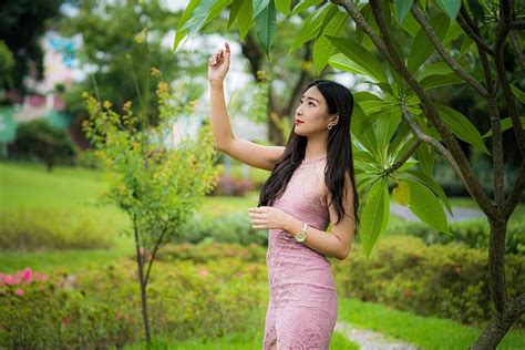 Free Download Hd Wallpaper Asian Women Model Depth Of Field Long Hair Brunette Pink