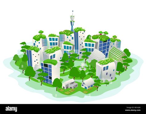 Illustration Of A Green And Sustainable City With Trees Greenhouses