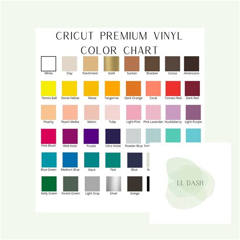Cricut Premium Vinyl Color Chart Etsy