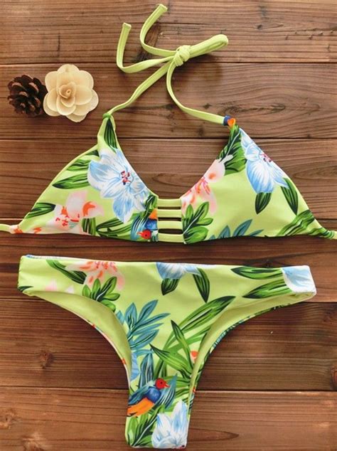 Sexy Triangle Green Flowers Print Bathing Suit Swimsuit Tankini