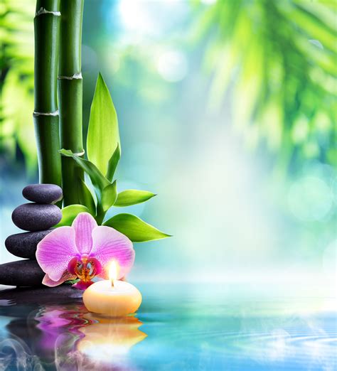 Spa Still Life Candle And Stone With Bamboo In Nature On Water
