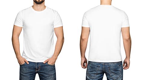 White Tshirt On A Young Man White Background Front And Back Stock Photo