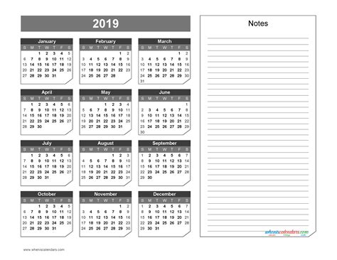 Year Calendar With Notes Month Calendar Printable