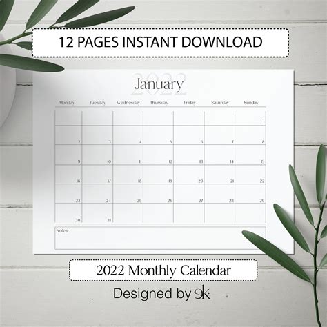 2022 Monthly Calendar Printable Calendar Template Landscape Etsy Riset