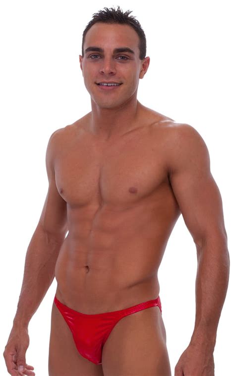 Mens Seamless Pouch Bikini Swimsuit In Wet Look Red Skinzwear