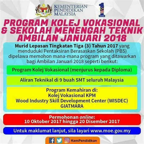 Permohonan secara online dibuka mulai 15 oktober hingga 20 disember 2018. Syarat Kemasukan Kolej Vokasional 2017 - san-kalop