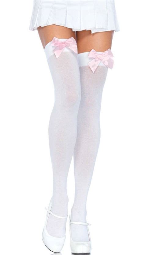 Cute White Thigh High Stockings With Light Pink Bows Costume Hosiery
