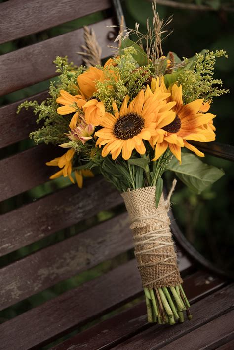 Yellow Sunflower Bridal Bouquet With Burlap Wrap Rustic Wedding