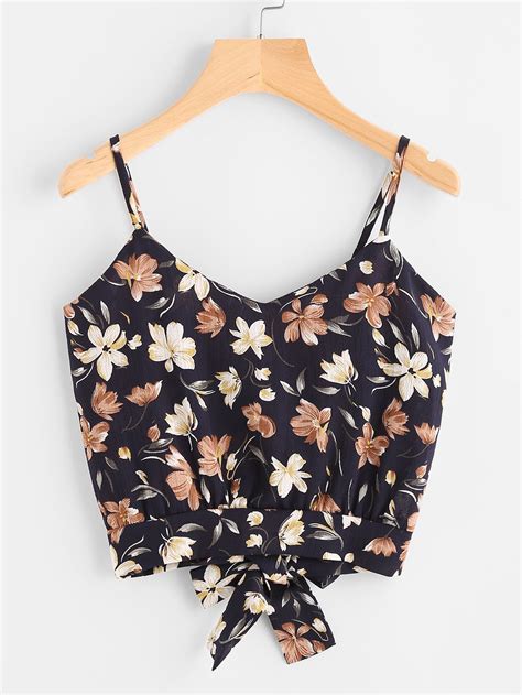 Floral Print Random Open Back Knotted Cami Top Womens Tops Fashion