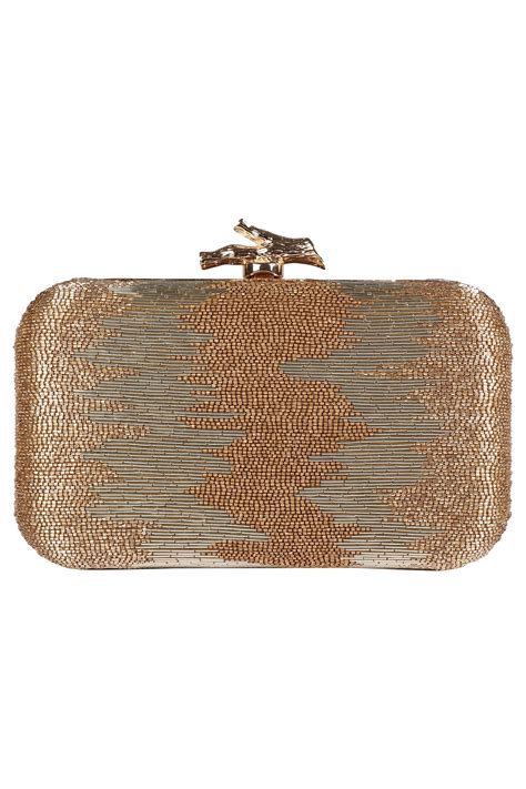 Buy Gold Embroidered Embellished Box Clutch By Durvi Online At Aza