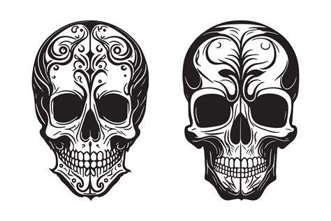 Tribal Skull Tattoo Design Black Outline Vector On White Background