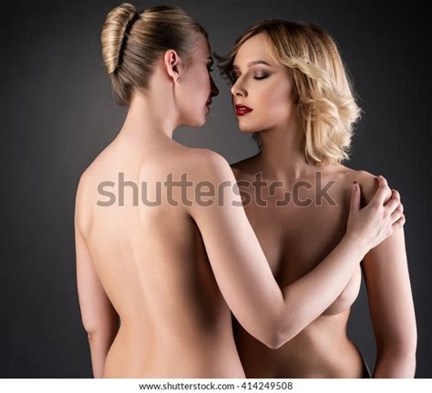 Naked Blonde Women Hugging Front Camera Stock Photo