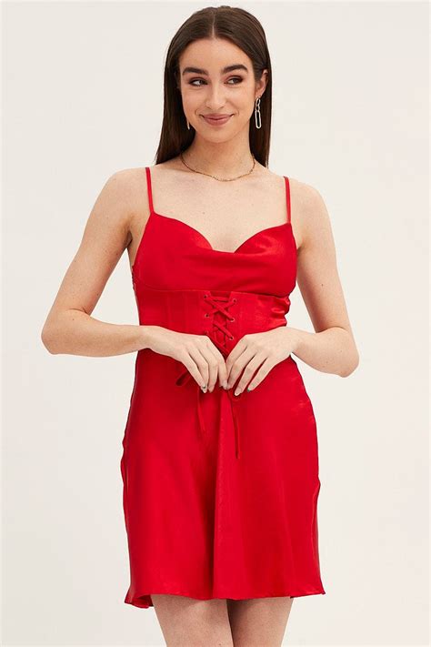 Red Mini Dress Sleeveless Cowl Neck Corset Waist Satin Ally Fashion