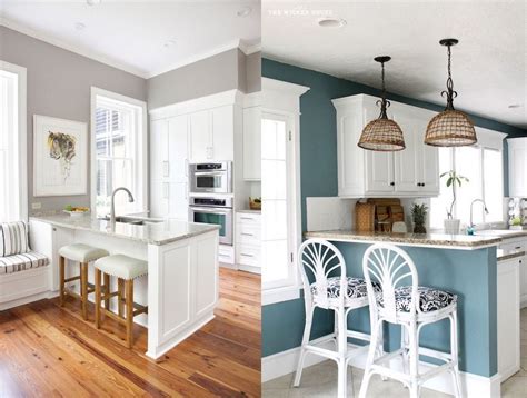 The Kitchen And Dining Room Are Both White With Blue Walls Wood Floors