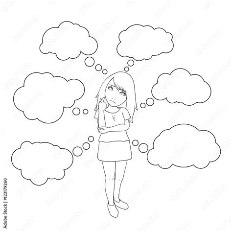 Vector Illustration Of A Woman Standing In Poses Of Serious Thinking With Empty Cloud Shapes