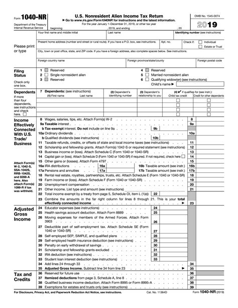 Electronic Irs Form 1040 Nr 2019 2020 Printable Pdf Sample