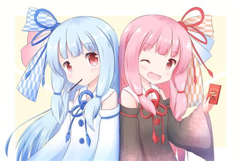 2girls aliasing blue hair blush bow food kotonoha akane kotonoha aoi nagakaze tobaru pink hair