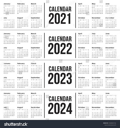 Year 2021 2022 2023 2024 Calendar 库存矢量图（免版税）1864825132 Shutterstock