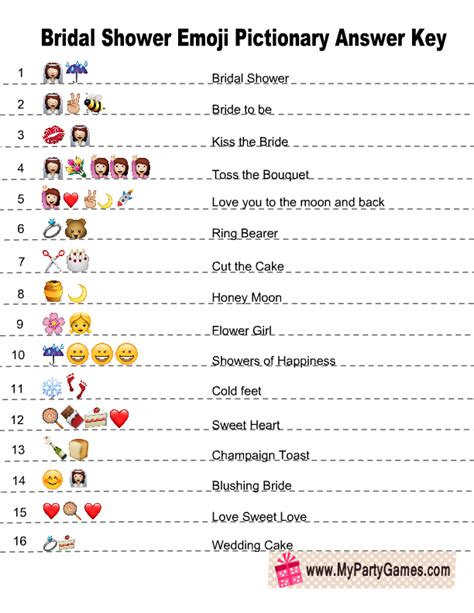 This is a free printable for this emoji pictionary bridal shower game. Free Printable Emoji Pictionary Bridal Shower Game Answer ...