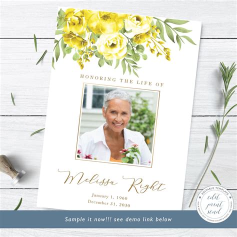 Yellow Roses Memorial Announcement Template Celebration Of Life Floral