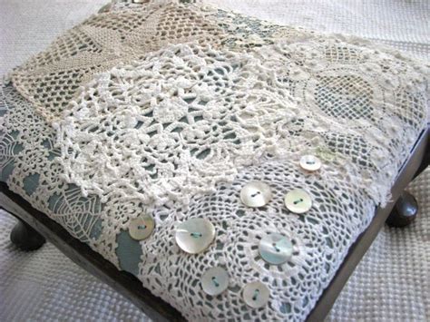 Repurposed Doilies Vintage Footstool Gets A Doily And Button Makeover