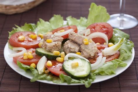 Salad With Lettuce Tomato Cucumber Onion Stock Photo Image Of