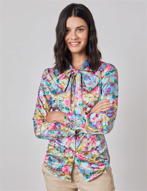 Floral Womens Satin Blouse With Single Cuff In Blue And Pink Hawes And Curtis Uk
