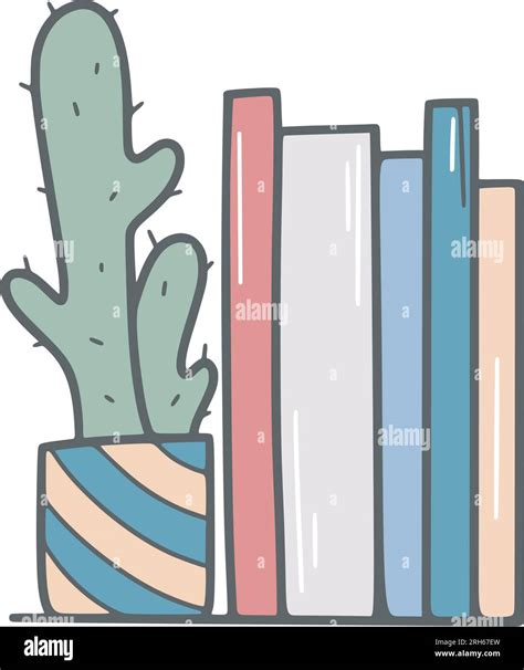 Bookshelf And Cactus Hand Drawn Vector Illustration Home Shelf With