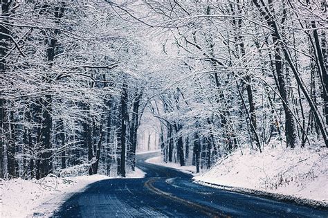 Hd Wallpaper Snow Covered Road During Winter Blurred Snowing Nature