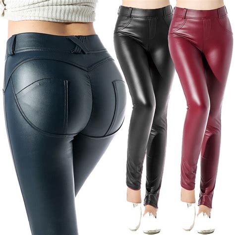 women sexy pu leather yoga pants hip push up workout stretch leggings trousers