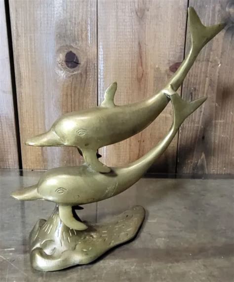 Vintage Brass Dolphin Couple Statue Decor Nautical Swimming Large 9