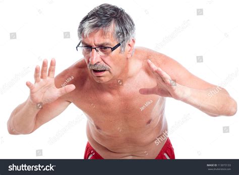 Surprised Shirtless Senior Man Gesturing Isolated
