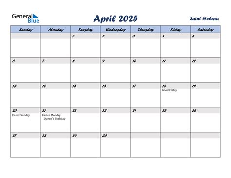 April 2025 Calendar With Saint Helena Holidays