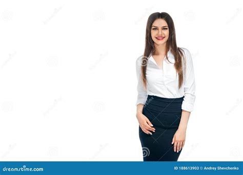 one slim brunette girl with long hair in a white shirt and black skirt isolated on a white