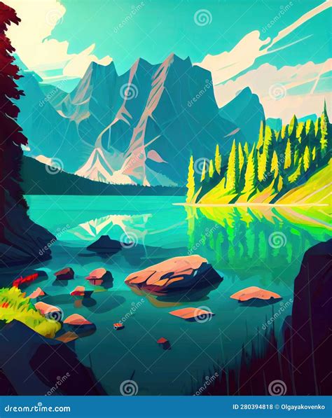Landscape With Mountains Lake And Forest Ai Generation Stock