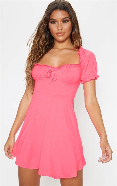Neon Pink Ruched Cup Frill Sleeve Skater Dress Prettylittlething