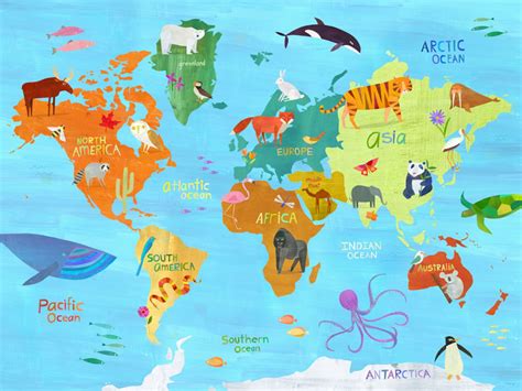 Animals Around The World Map Art Print Geography Etsy